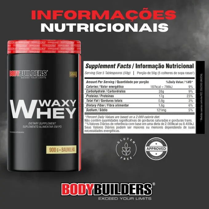 Whey Protein Waxy Whey 900g + BCAA 100g Tang + Coqueteleiras + Tampas de Porta - Bodybuilders