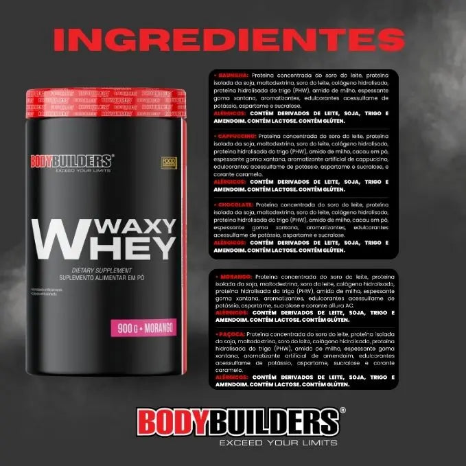 Whey Protein Waxy Whey 900g + BCAA 100g Tang + Coqueteleiras + Tampas de Porta - Bodybuilders