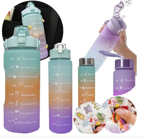 KIT 3 GARRAFAS 2 Litros 900ml 300ml Squeeze Motivating Phases 2D 3D Adesivos