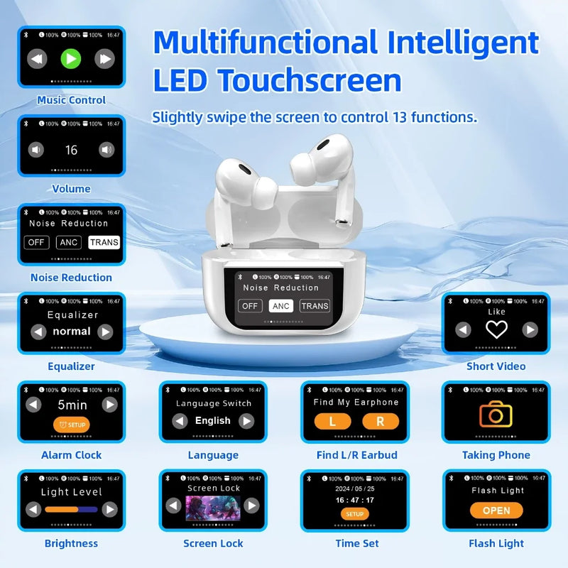 Bettdow Fone de ouvido LCD Touch Screen ANC TWS Bluetooth Headset Touchscreen V5.4 Tela inteligente Redução de ruído ativa